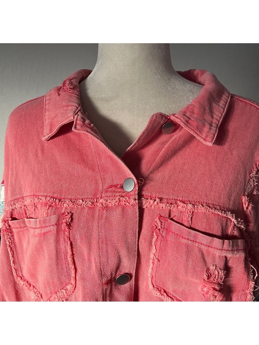 POL Cropped Pink Denim Distressed Jacket with Crochet Sleeves - Size Large - Picture 3 of 16